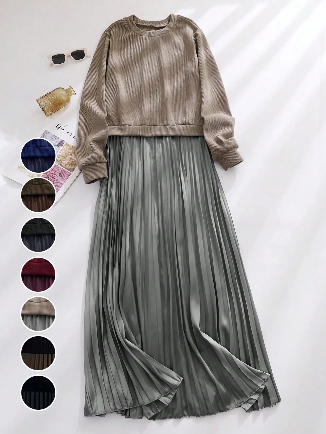 

Plus Size Solid Color Long Sleeve Knit Top with Pleated Maxi Skirt Set