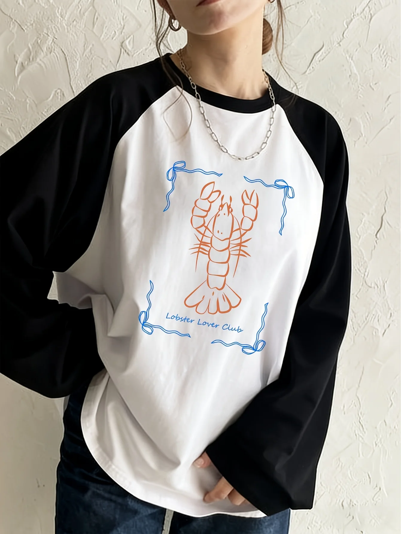 Japanese Style Fun Lobster Print Raglan Long-Sleeve T-Shirt Women's Casual Crew Neck T Shirt Vintage Style Tops Clothes Female