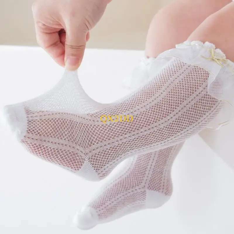 QX2D 1 pair Long Tube Socks for Baby Girls Nonslip Calf Length Cotton Hosiery Soft & Breathable Summer Legwear Socks