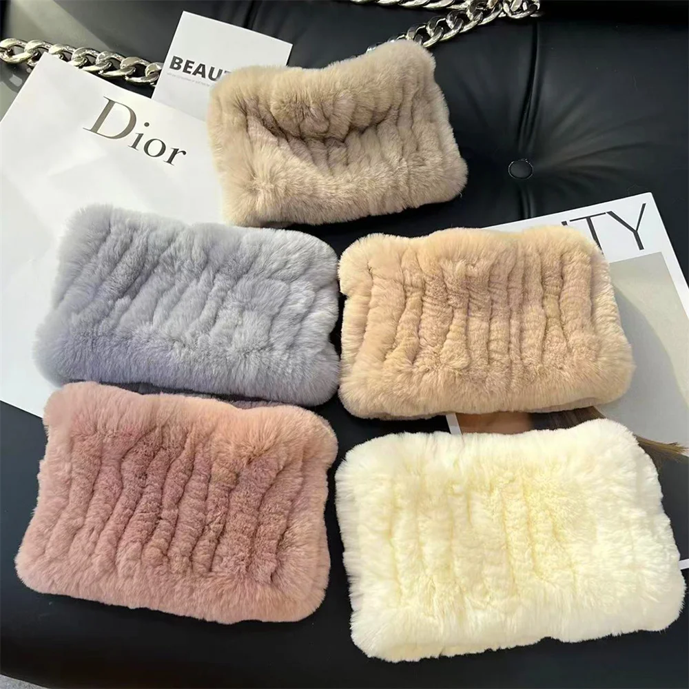 Women Real Fur Stretch Fur Scarf Handmade Knit Genuine Rex Rabbit Fur Headband Girls Natural Fur Ring Cowl Snood Scarvers Winter