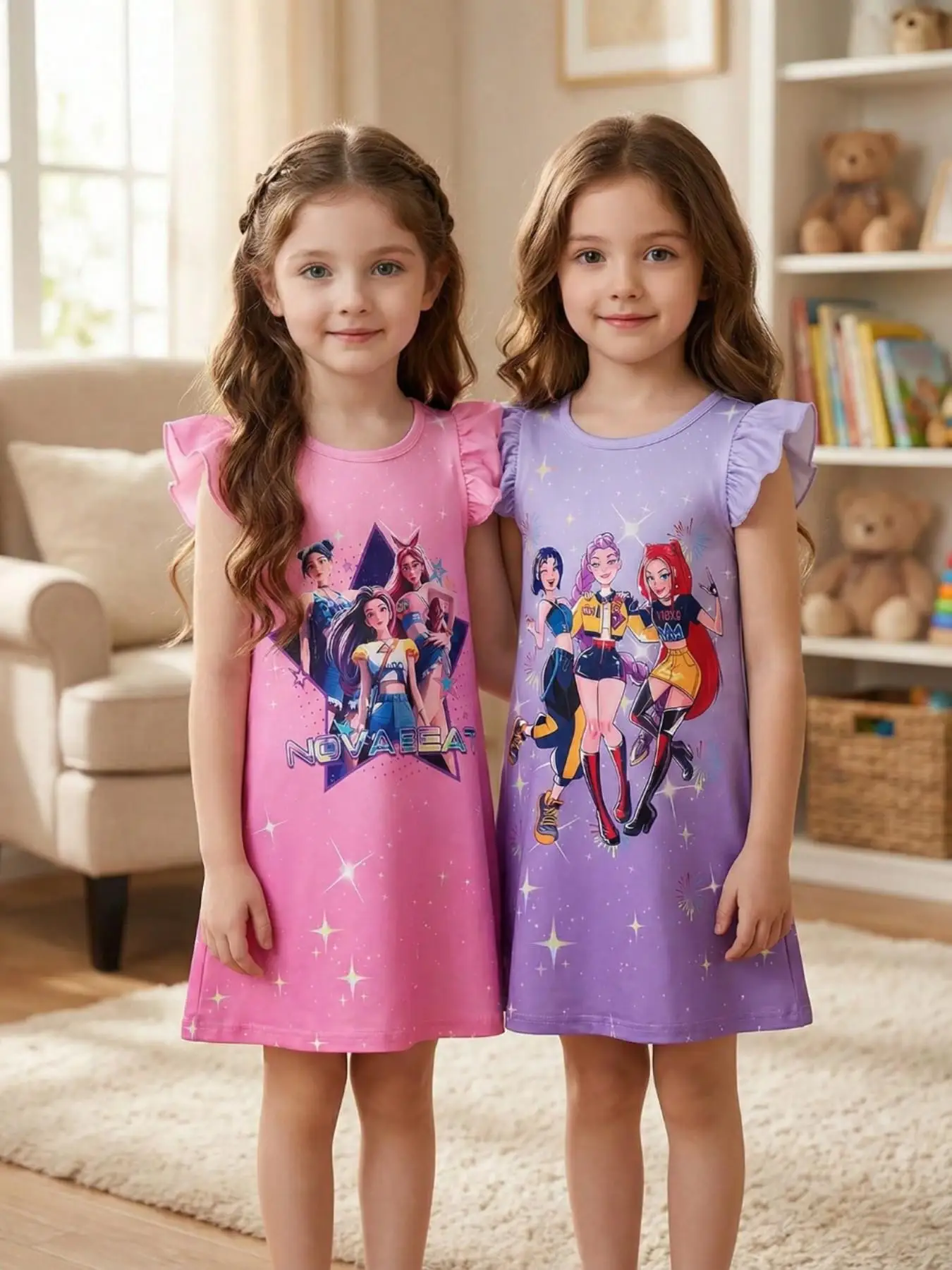 Girls' Casual Dress Set, Pink+Purple with Cartoon Print, Two-Piece Dress with Flutter Sleeves, Comfortable and Stylish, Suitable for Girls Aged 4-12, Versatile Summer Outfit