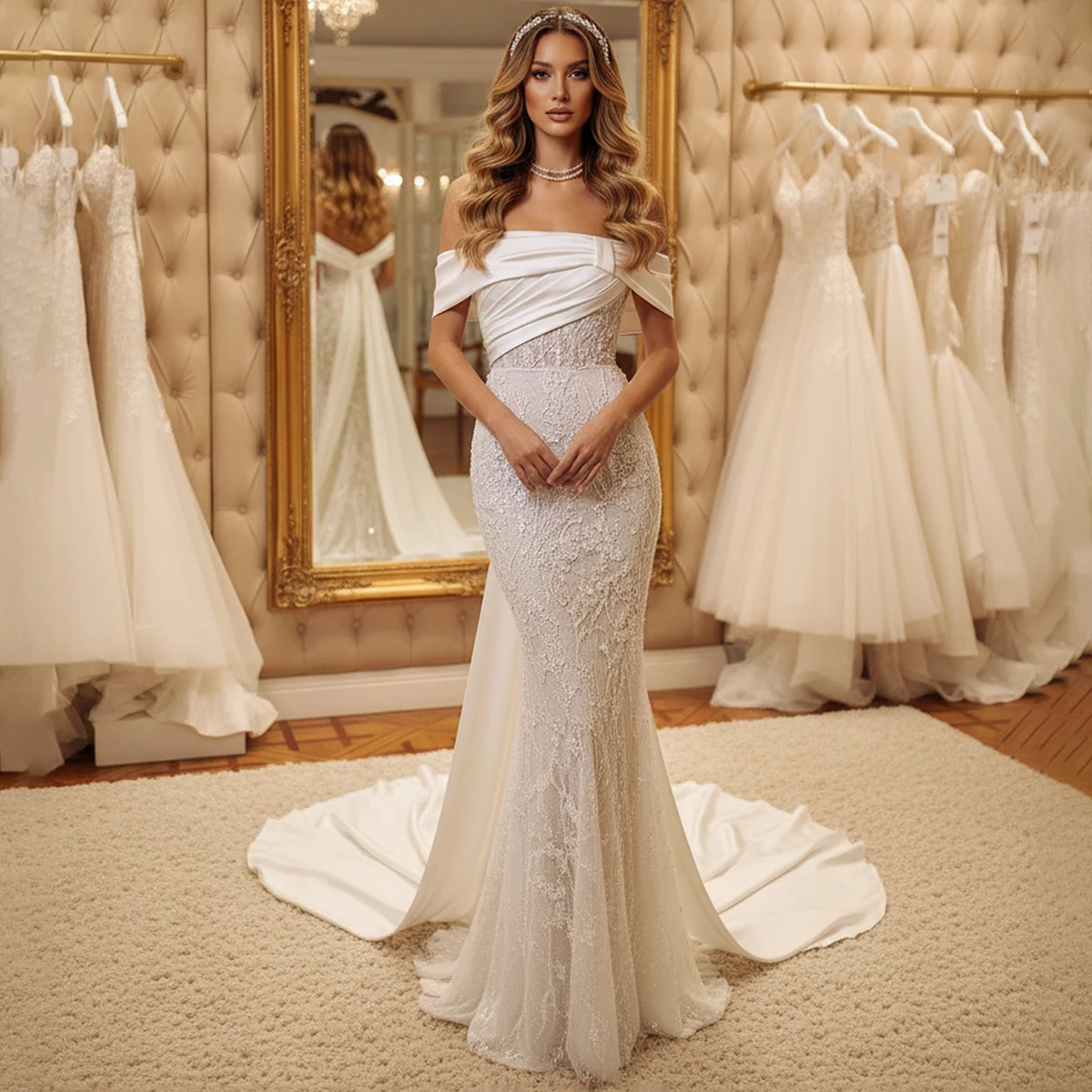 

Элегантное кружевное свадебное платье русалки с открытыми плечами и шлейфом, атласное длинное свадебное платье для невесты, Vestidos Novia