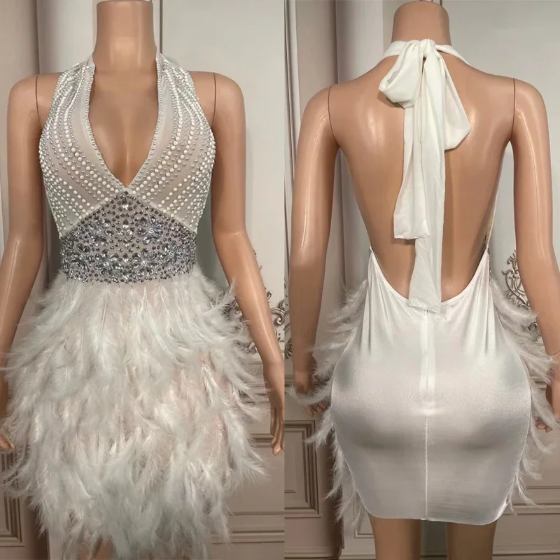 Completo de pérolas strass halter vestido sexy pena branca vestido de baile pólo vestido de dança roupa aniversário celebrar traje xs5263