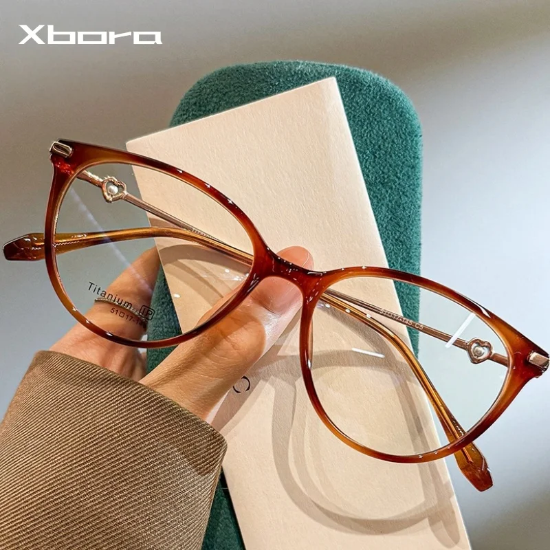 

XBORA Women's New retro oval cat frame glasses elegant and exquisite pearl heart-shaped Fashion eyeglasses 30561