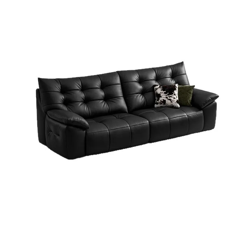 Light luxury Italian big black bear cloud leather sofa, new modern cowhide straight row sofa in the living room