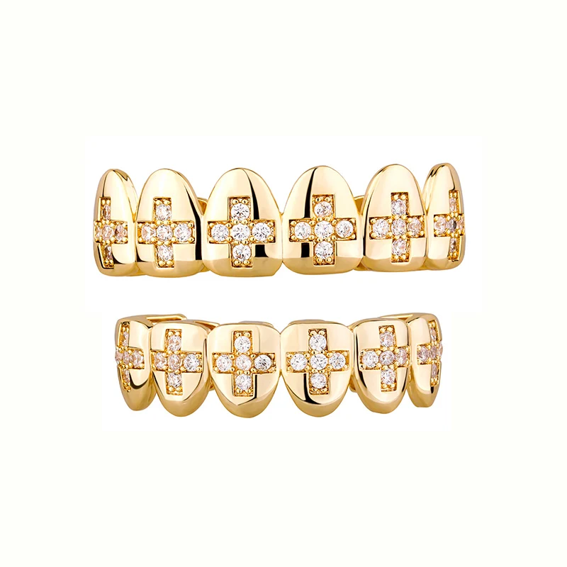 Hip Hop CZ Stone Paved Bling Iced Out Cross Teeth Grillzs Top Bottom Set Flat Dental Grills for Men Rapper Jewelry Drop Shipping