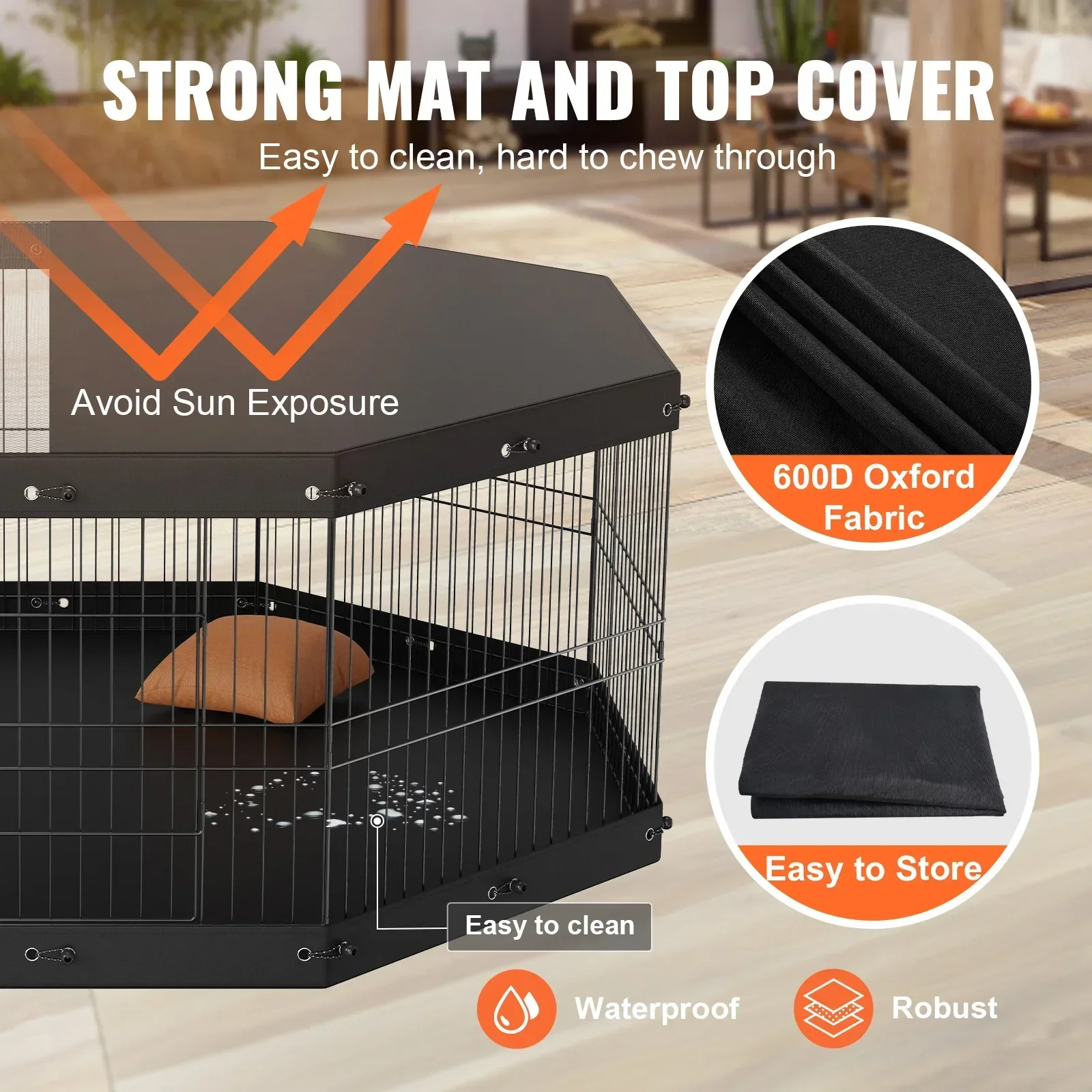 Dog Playpen, 8 Panels Foldable Metal Dog Exercise Pen With Top Cover And Bottom Pad, 24in H Pet Fence Puppy Crate Kennel