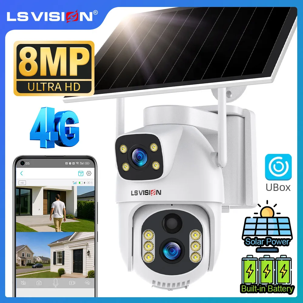 

LS VISION Ubox 4G Sim Солнечная камера Беспроводная уличная 8-мегапиксельная двойная линза с двойным экраном Встроенный аккумулятор Камеры видеонаблюдения с автоматическим отслеживанием человека