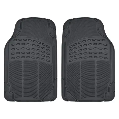Black car floor mats for cars, trucks, and SUVs. Two-piece, universal design, all-weather car floor mats. Black, stain-resistant