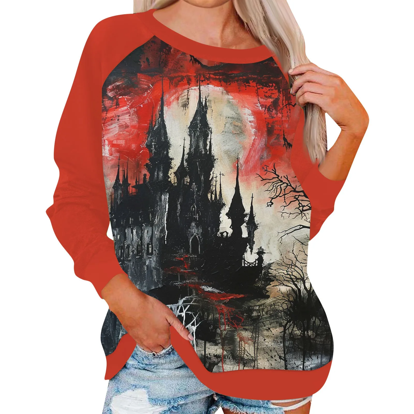 

Women'S Halloween Theme Print Tops Regular Comfortable Loose Round Neck Long Sleeve Raglan Sleeve Pullovers Tops