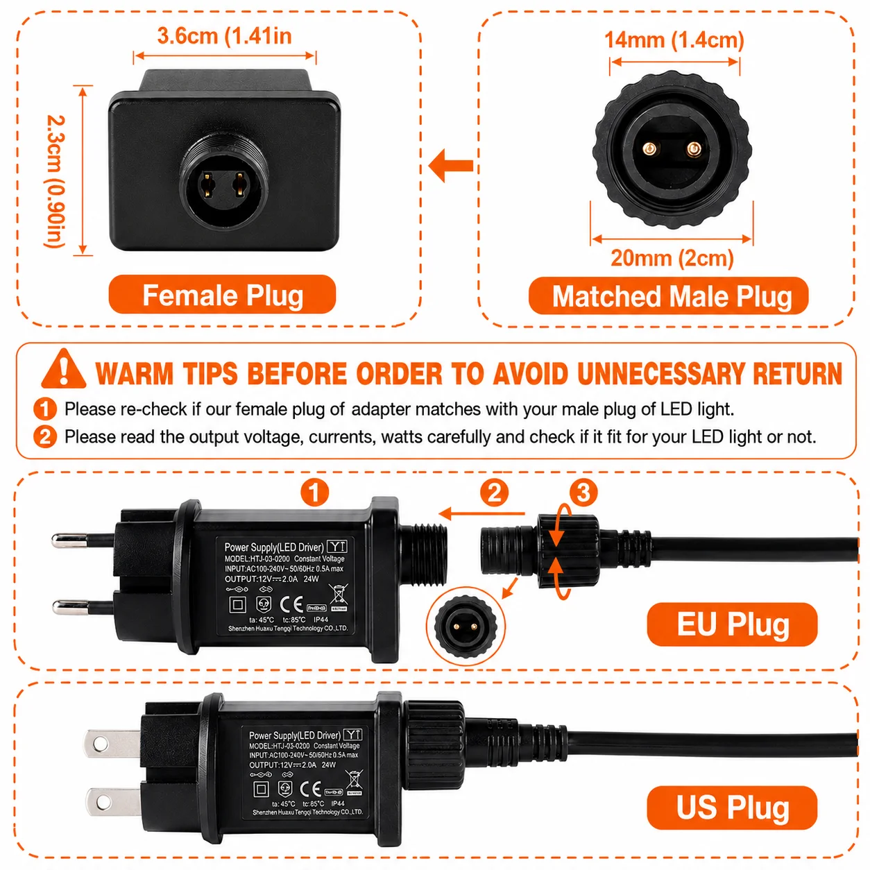 24V 0.2A LED Transformer Replacement Power Supply EU US Plug LED Driver Adapter for String Lights IP44 Waterproof Low Voltage