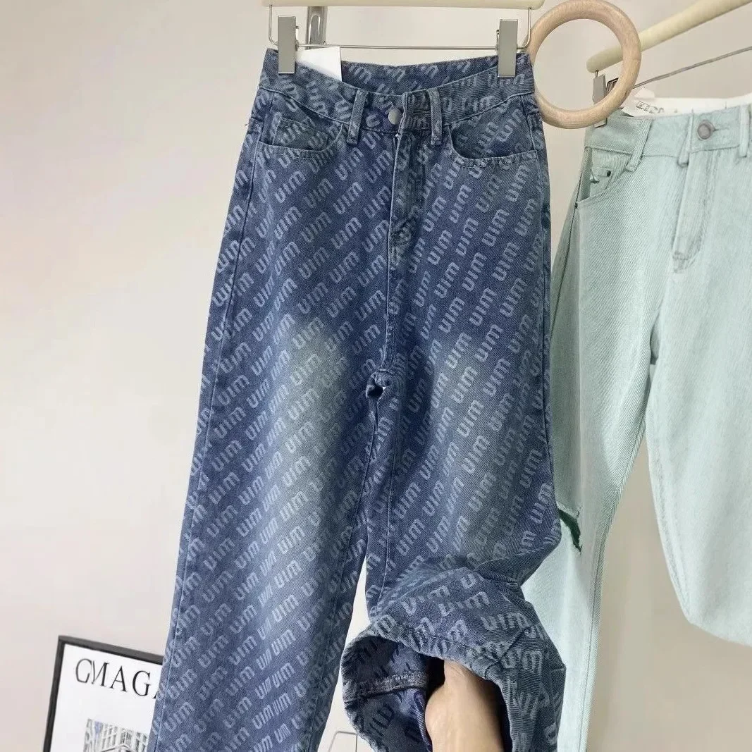 NICE Korean Style Straight Leg Denim Jeans Letter Print High Waist Wide Leg Floor-Length Pants Autumn Winter Slimming Effect