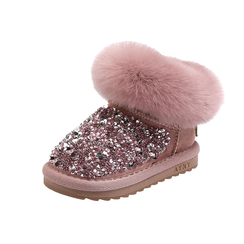 2023 New Winter Children Snow Boots Rhinestone Warm Plush Zip Ankle Princess Little Girls Boots Fashion Toddler Baby Shoes