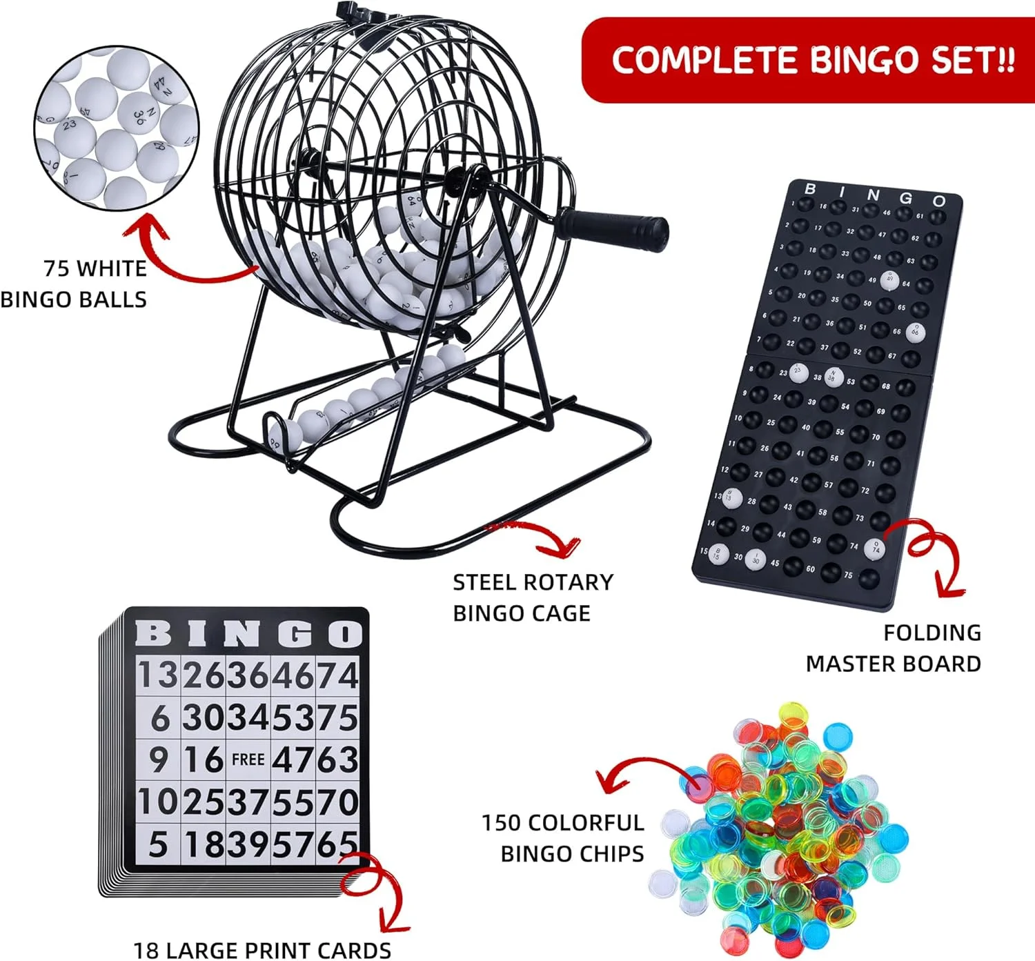 مجموعة ألعاب بينجو للبالغين والأطفال - تتضمن قفص عجلة معدني مقاس 8 بوصات، و75 كرة اتصال، ولوحة رئيسية، و18 بطاقة بينجو و150 لونًا #2
