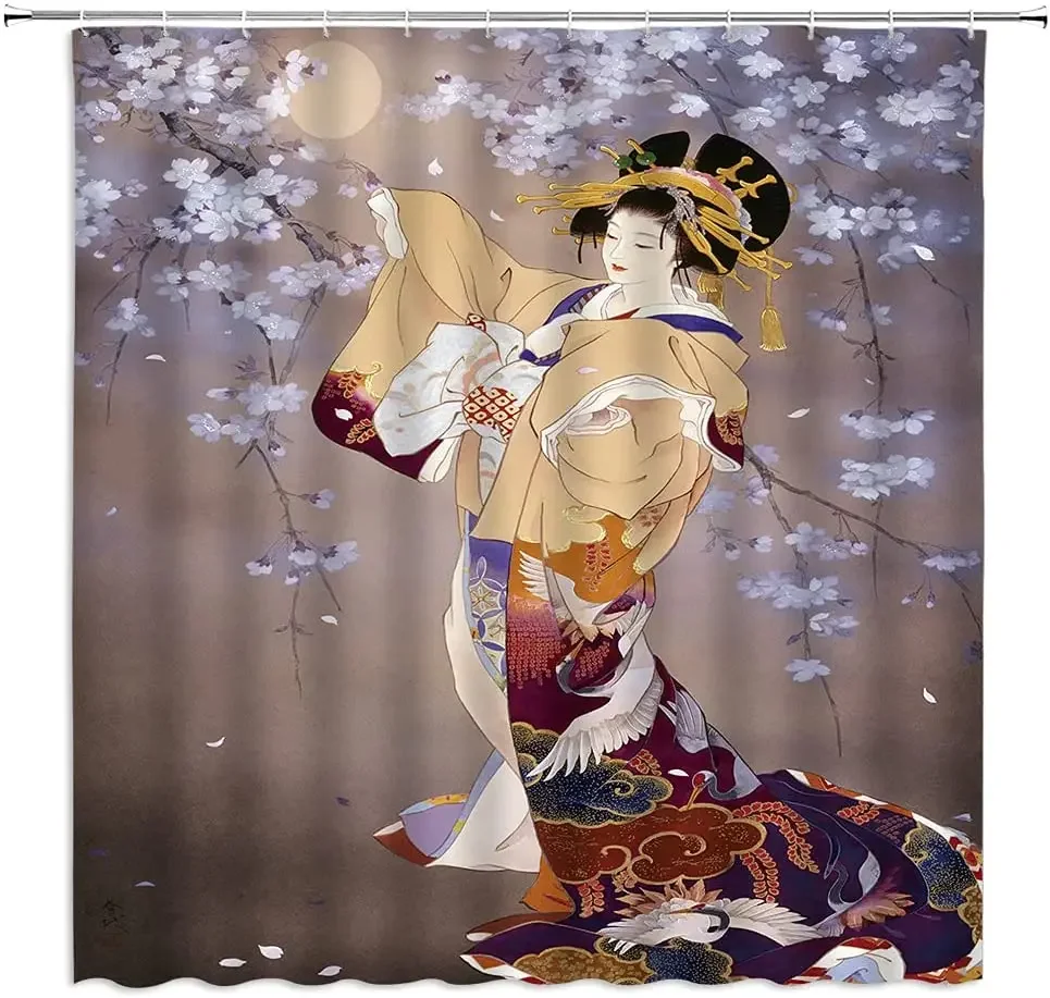 Japanese Shower Curtains Cherry Blossoms Moon Japan Cherry Blossoms Girl Asian Spring Vintage Painting Fabric Bathroom Decor Set