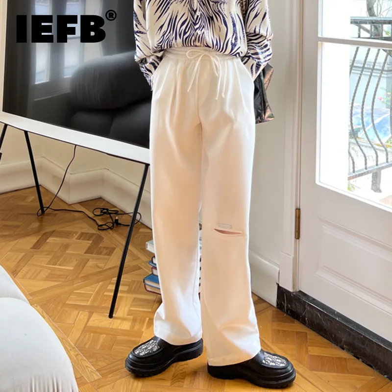 

IEFB Korean Hole Pants Men Metal Decoration Solid Color Drawstring Wide Leg Trousers Fashion Male Streetwear 2024 Summer 28W3836