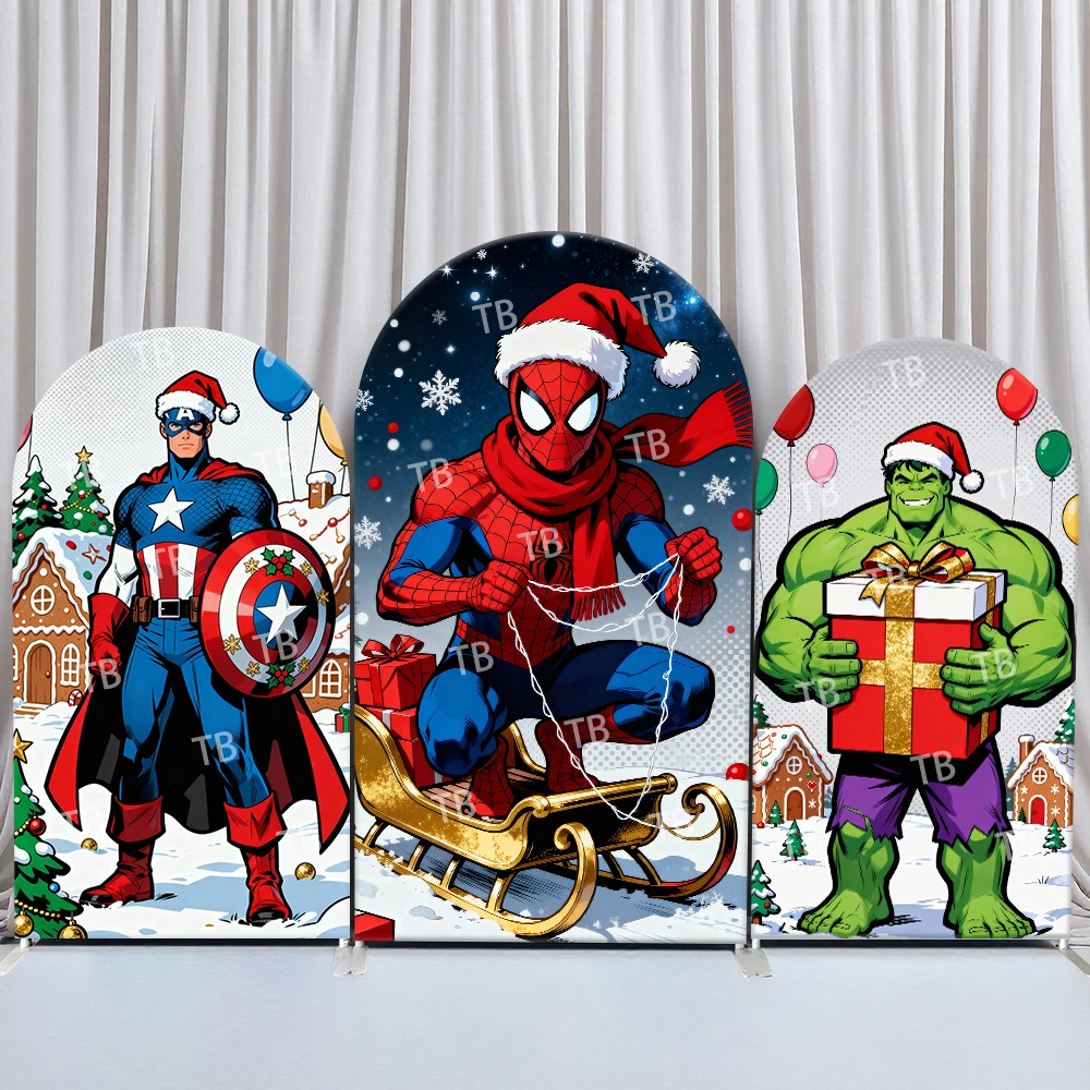 

Marvel Christmas Theme Arch Backdrop Cover Captain America Spider Man Santa Hat Sled Gift Snow Scene Party Photo Booth Props