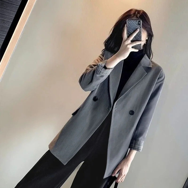 

​ Драпический женский пиджак средней длины, 2021, S/S, корейский стиль, свободный крой, повседневные лоскутные клетчатые манжеты, универсальная повседневная одежда ​