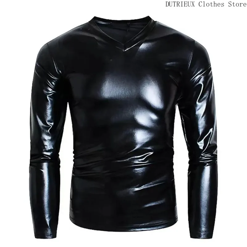 Autumn and Winter Street Men Black PU Leather Outdoor Motorcycle Punk Leather Men's V-neck Long Sleeve Stretch Tight Top