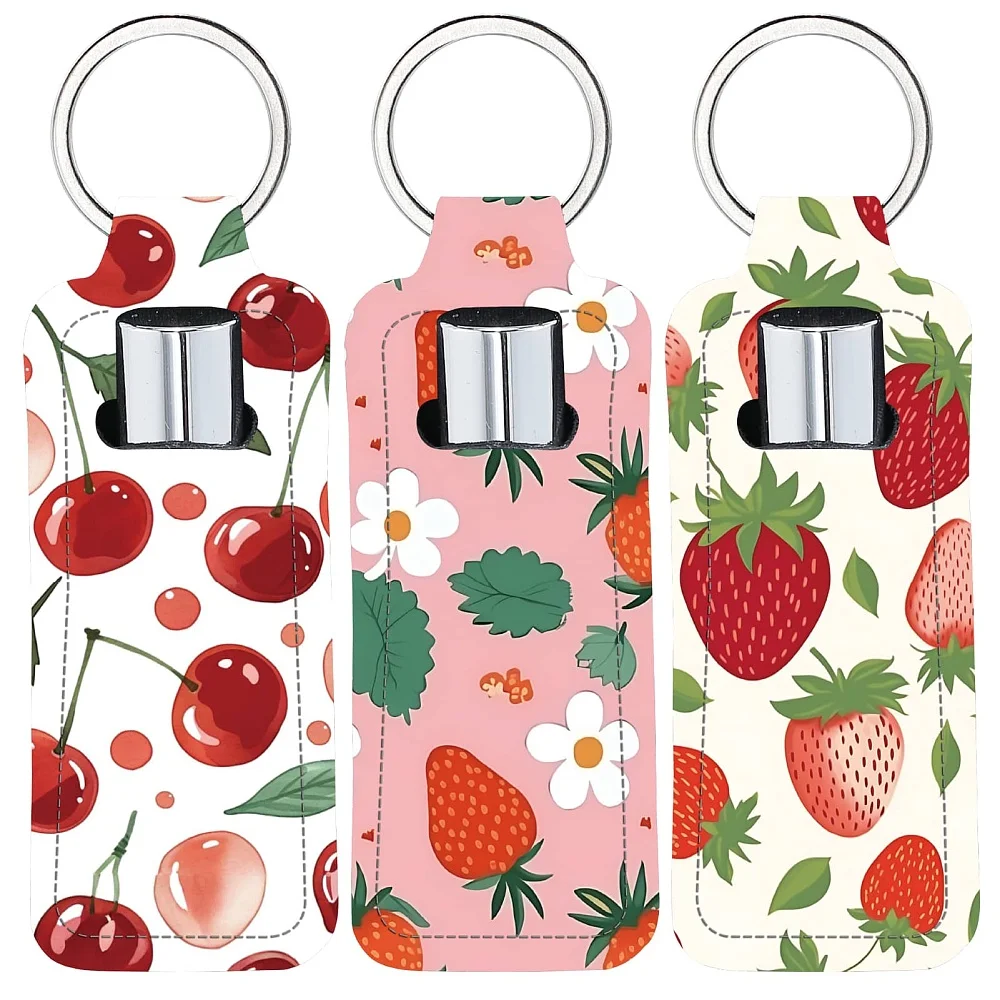 Chapstick Holder Keychain Fruit Lip Balm Pouch Strawberries Red Cherries Rectangle Neoprene Printed Rubber Lipstick Portable