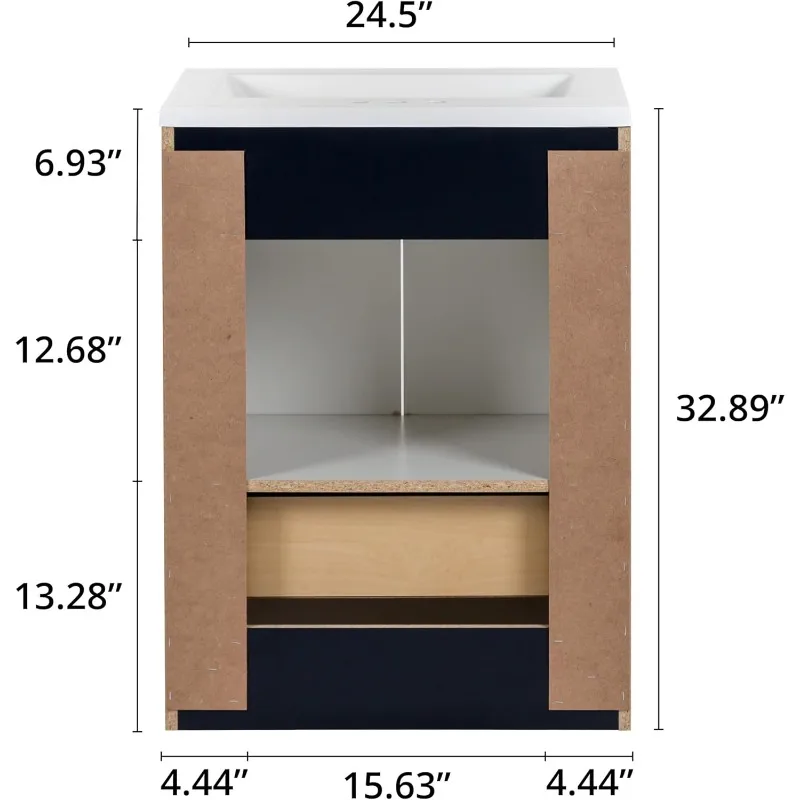 Emlyn 24 Inch Bathroom Vanity with White Single Sink Top, 2-Door Cabinet, 1 Drawer, 24.5