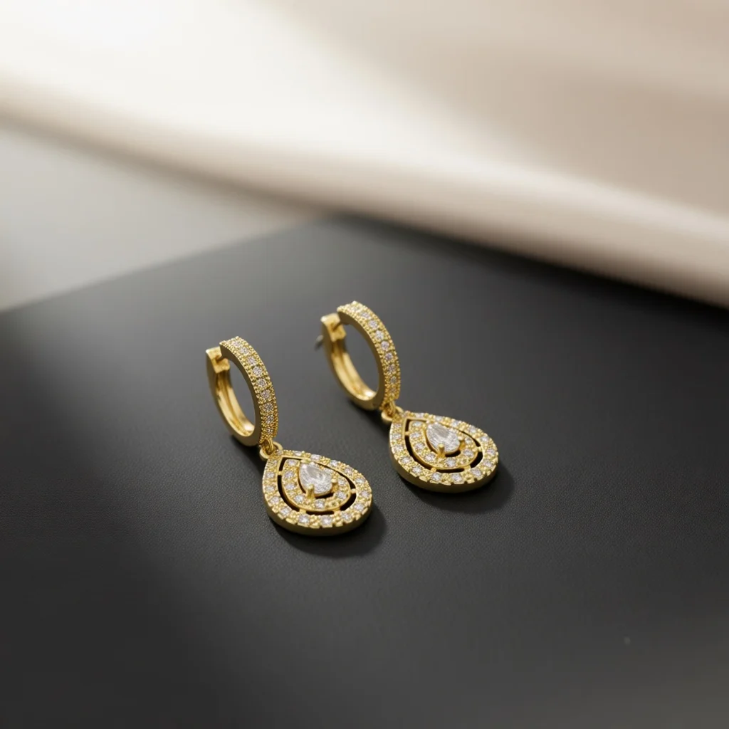 Gold Tone Teardrop Hollow Dangle Huggie Earrings for Women, Marquise‑Center Pave Zircon Drop Clips, Vintage Daily Fashion