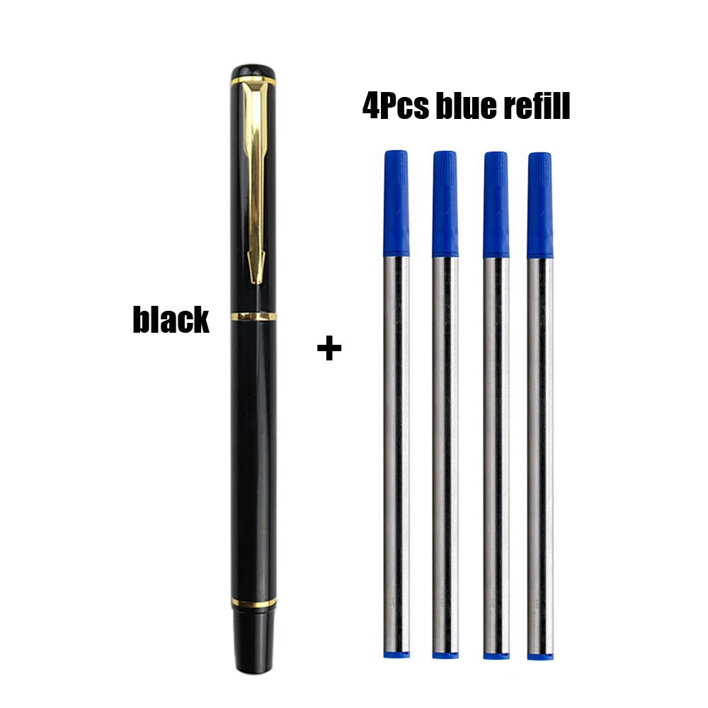 1+4Pcs/Set Office A Pen Metal Ballpoint Pen With Refill Gift Stationery Writing Fluently Ball Pen School Office Ink Blue Black