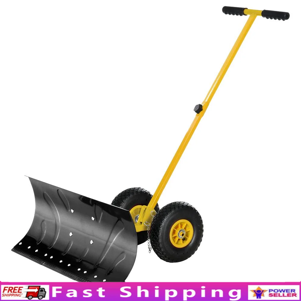 Adjustable Handle Snow Shovel with Reinforced Blade and Anti-Skid Wheels Yellow