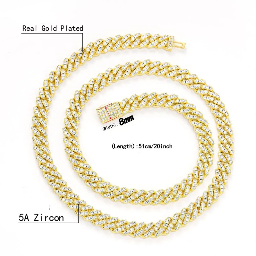 8mm Cuban Hip Hop Chain Necklace Iced Out Hip Hop Rapper Necklace For Men Boy Friends Women Miami Cuban Jewelry Party Gifts