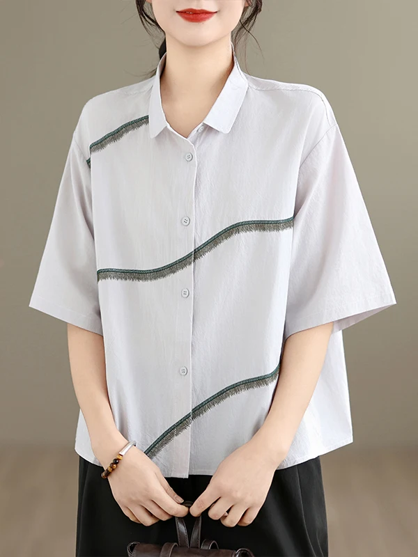 

Women's Summer Embroidered Casual Short Sleeve Shirt Loose Fit plus Size White Versatile Slimming Top Fashionable Open Cardigan