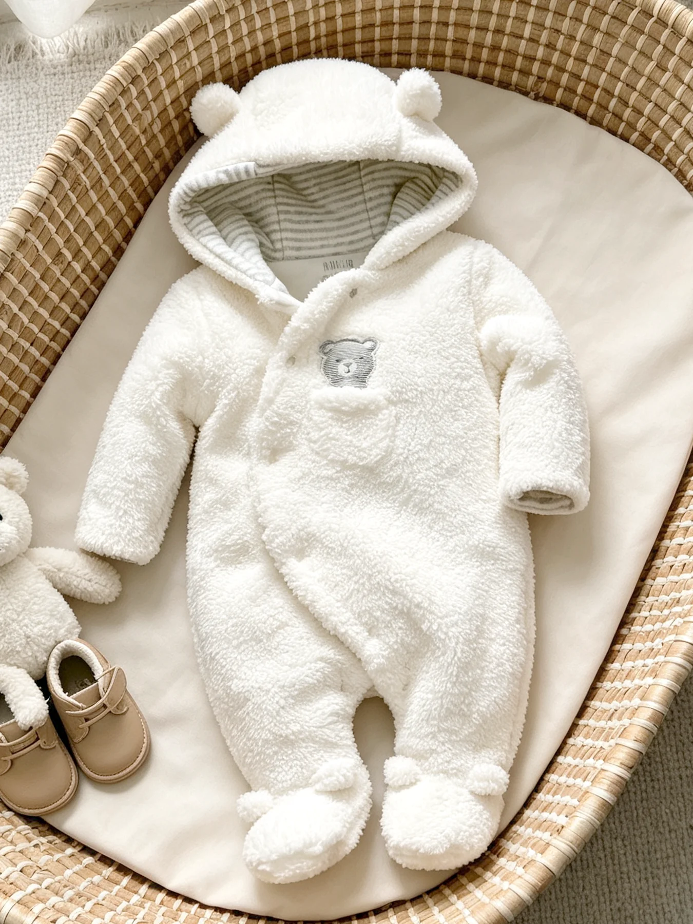 Boys' Footed One-Piece Knit Onesie with Bear-Ear Hood and Snap Closures, 0–12 Months, Cute and Warm Winter Crawler Outfit