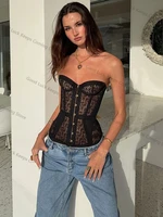 Sexy Lace Strapless Corset Vest Women Slim Bandage V-neck Single Breasted Fishbone Tops 2025 Summer Lady All-match Tanks - Image 2