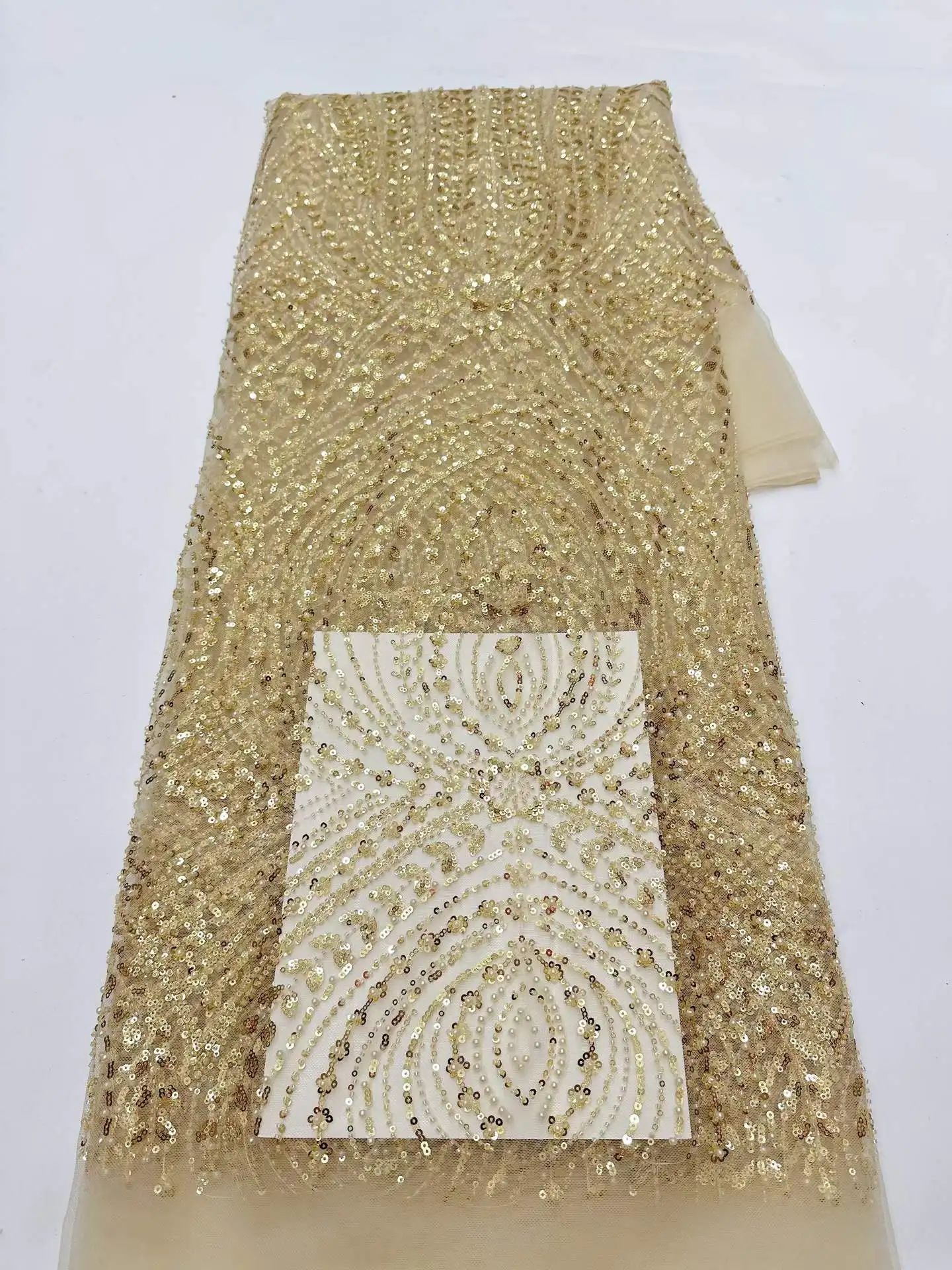 

Luxury African Sequins Lace Fabric 2026 High Quality Lace Embroidery Gold Beaded French Nigerian Fabric for Women Party Dress