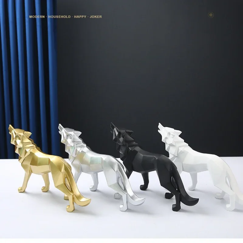 Nordic Creative Animal Figurine Home Decorations Geometric Wolf Statue Resin Crafts Home Living Room Office Desktop Ornaments