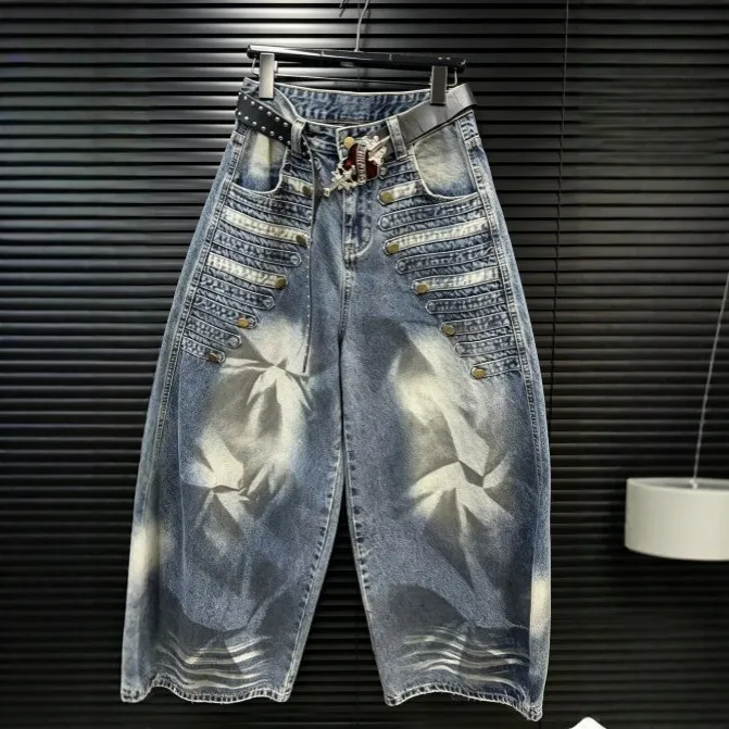 Wide Leg Loose Fit Belt Mid Waist Women Jeans with Washed Finish Ripped Rivets Distressed Whiskering Ins Style Streetwear Autumn