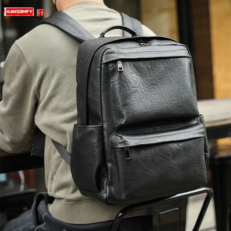 Luxury2025 New Genuine Leather Men's Backpack Simple Soft Black Cow Leather 15.6 Computer Bag Niche Business Commute Sch