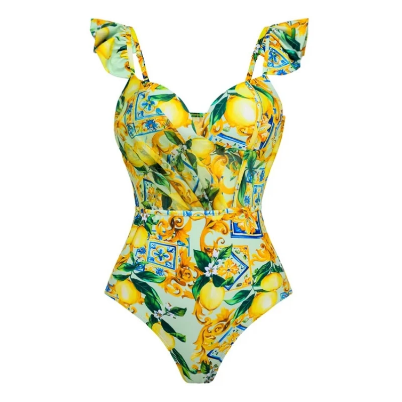 2024 hohe Qualität Einteiligen Badeanzug Floral Rüschen Gedruckt Push-Up Frauen Bikini Set Bademode Abnehmen Badeanzug Strand Tragen