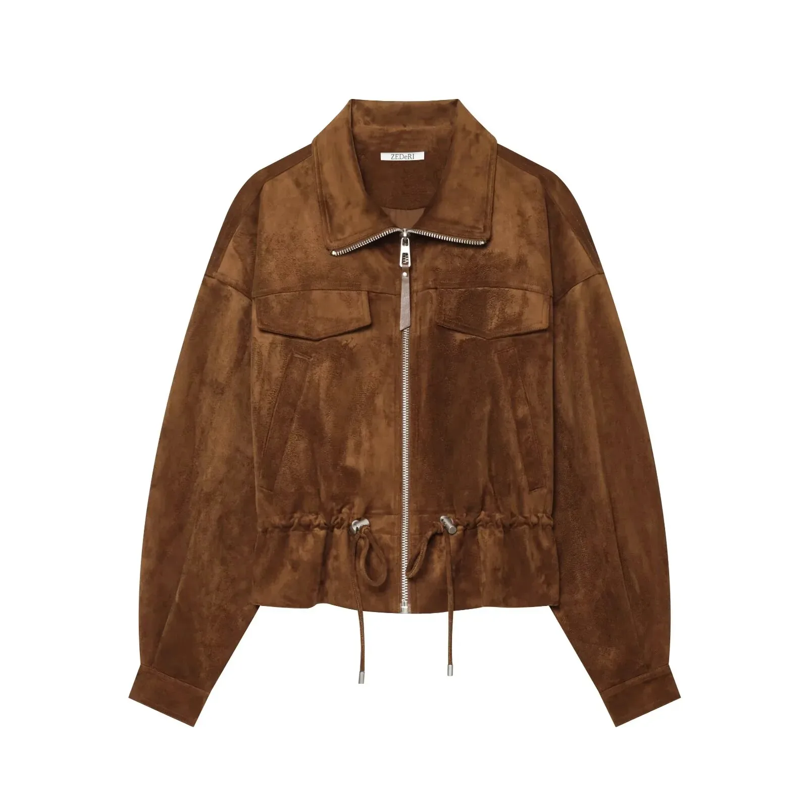

European and American style 2026 new summer women's simple casual long-sleeved suede drawstring short jacket