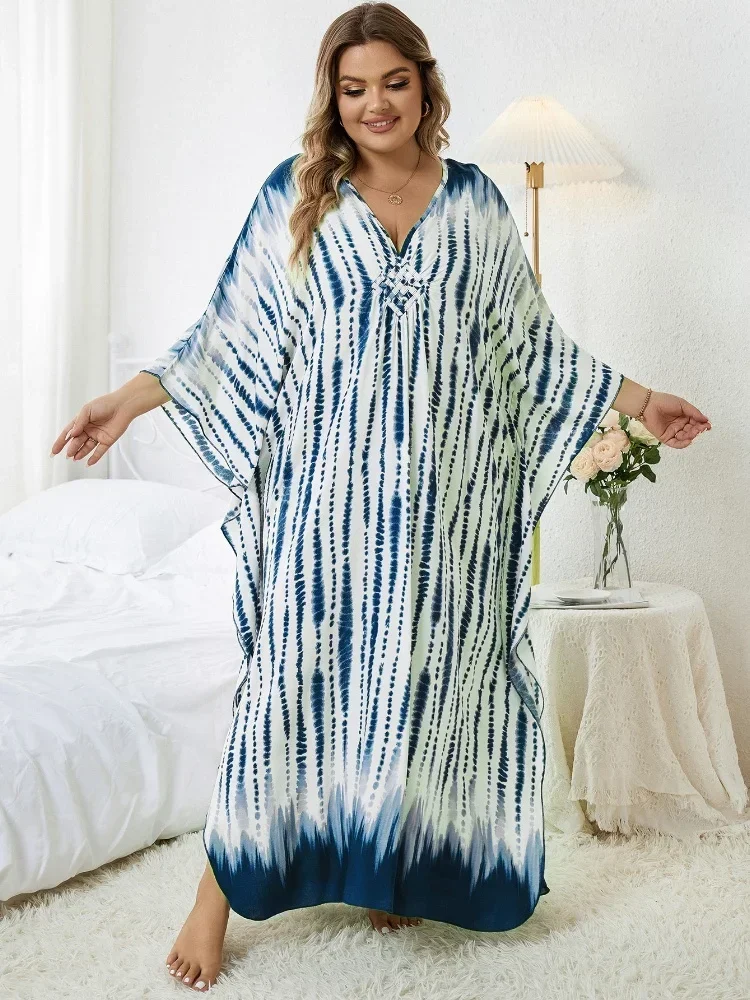 Striped Fashion Bat Sleeves Women's Kaftan Chinese Knot Auspicious Knot Robe Long Dress Party Moo Moo Dress Q1523