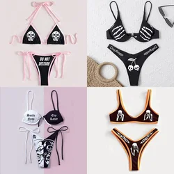 Bikini gótico Sexy para mujer, traje de baño con estampado de calavera y letras, traje de baño dividido de cintura alta, conjuntos de Bikinis góticos, trajes de playa 2023