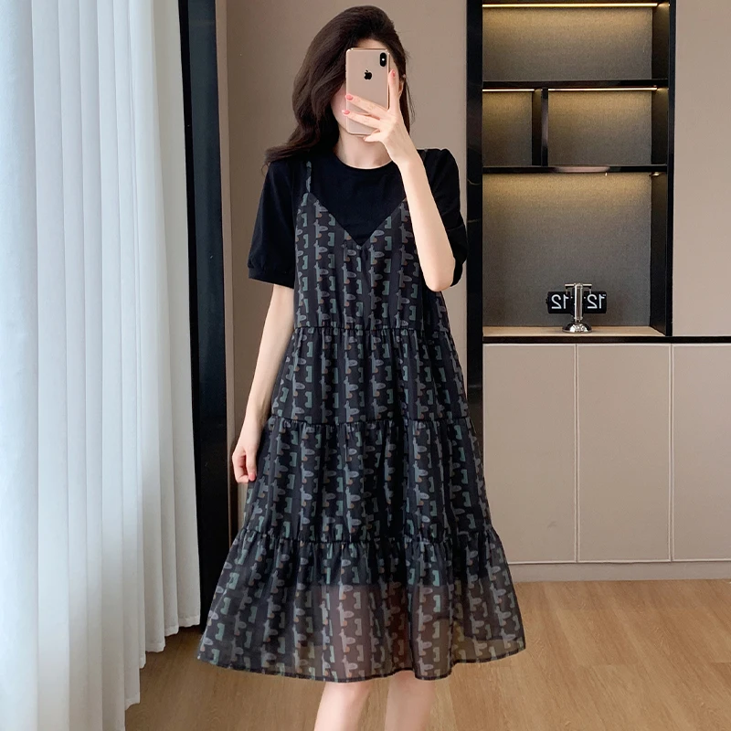 Faionable T-shirt grande taille Dr avec ourlet en dentelle ort Sve rond Ne couleur minceur viande couvrant mi-long Dr