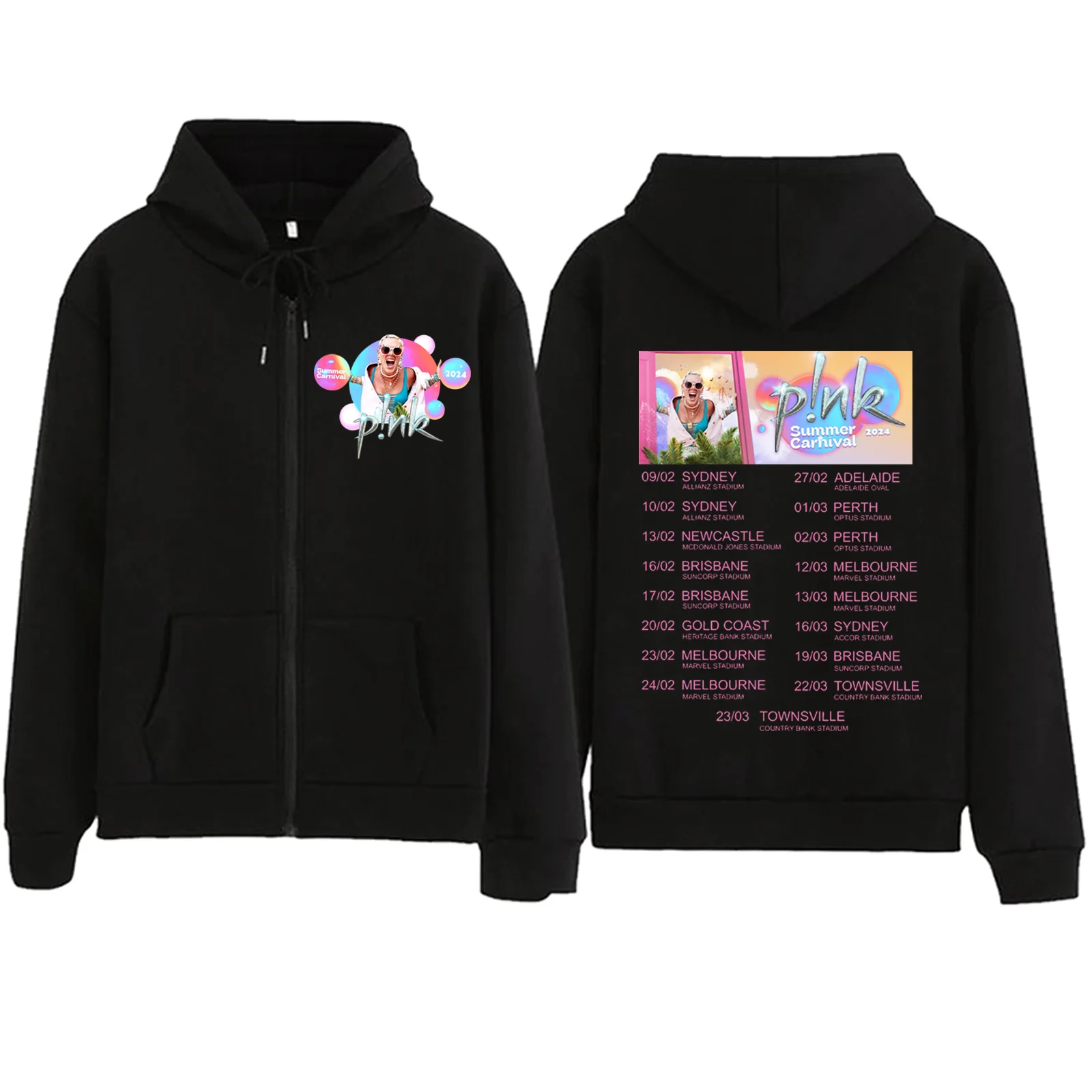 Pink Singer Summer Carnival 2024 Zipper Hoodie Sweatshirt Harajuku Pullover Tops Sweatshirt Streetwear P!nk Fans Gift