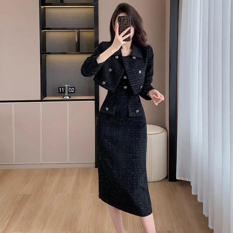 Women's Black Tweed 2-Piece Set Jacket And Half Skirt Autumn/Winter Socialite Small Fragrance Collection