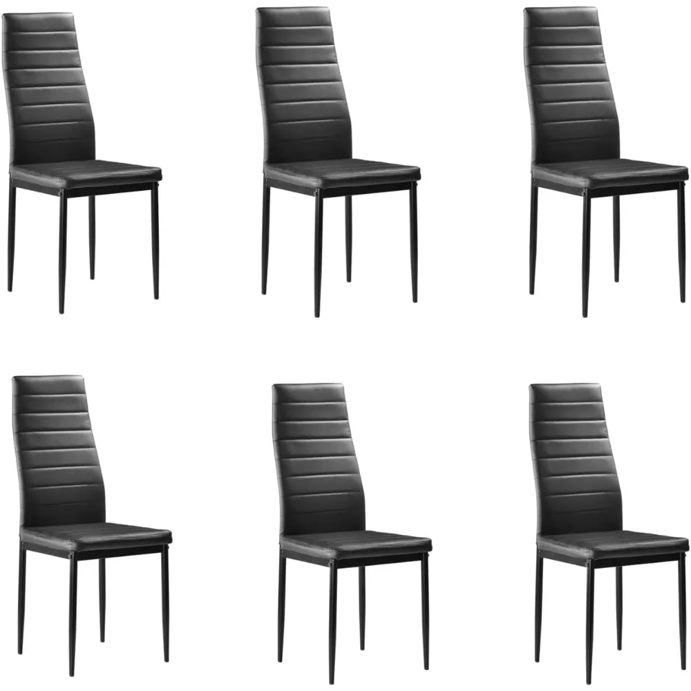Black PU Leather Dining Chairs Set of 6 with Curved Backrest and Foot Caps for Kitchen and Living Spaces