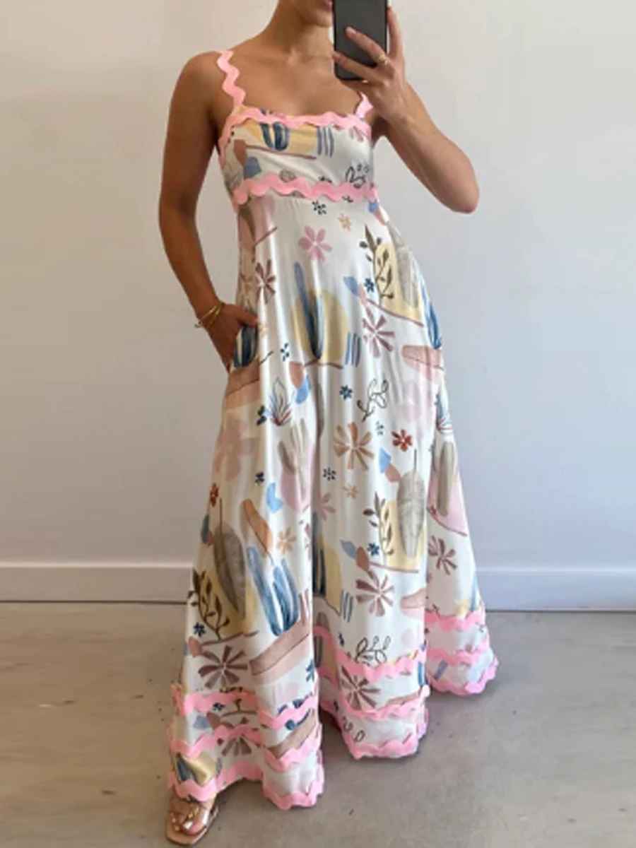 Women s 2024 Summer Boho Spaghetti Straps senza maniche Backless Sundress Flowy Smocked Swing A Line Midi Dress