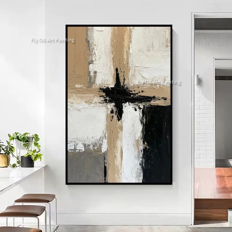 Black Beige Cross Abstract Canvas Art Hand Painted Thick Impasto Oil Painting Neutral Wabi Sabi Entryway Decor