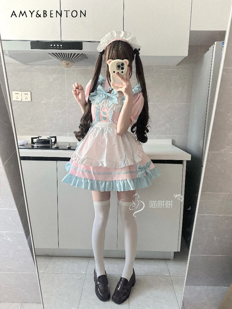 

Soft Girl Maid Outfit Cute Sweet Pink Princess Dress Lolita High Waist Slim Lapel Bubble Sleeve Bow Short Dress