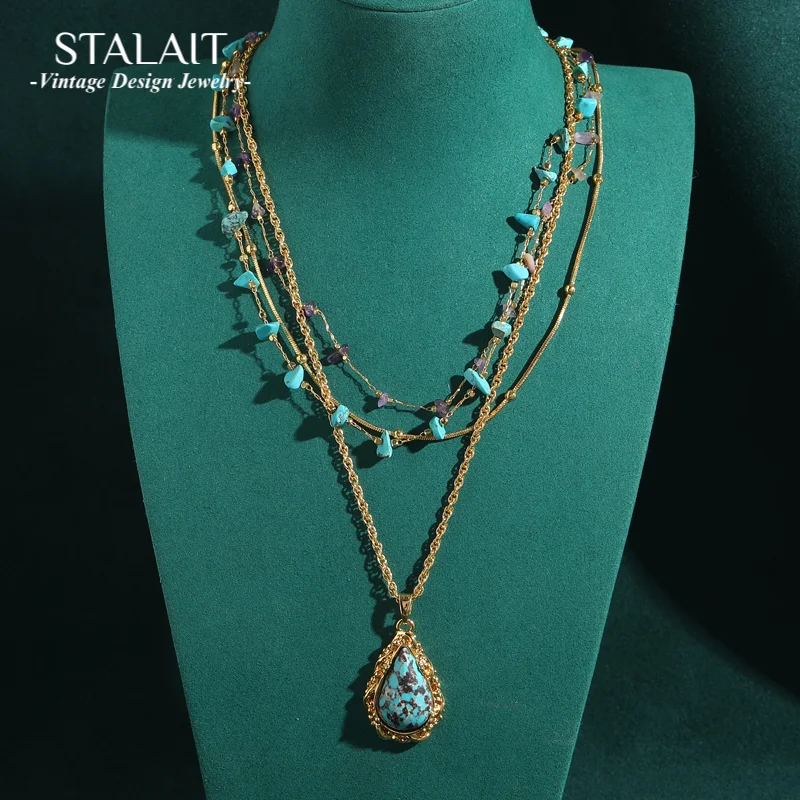 

Vintage Turquoise Jewelry Necklace Amethyst Gravel Layered Gold Color Chain Long Natural Stone Water Droplets Accessories New In