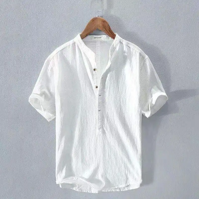

High-End Cotton Linen Short Sleeve T-Shirt Large Size Retro National Style Stand Collar Loose Top for Middle-Aged And Elderly...