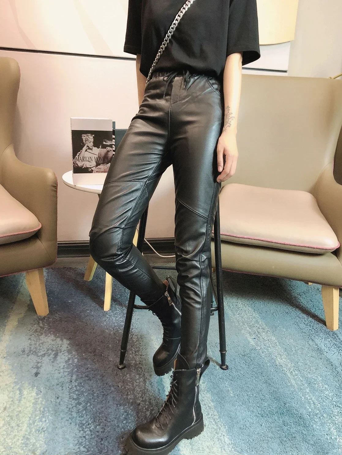 Female Real Sheepskin Leather Pants Korean Slim Women\'s Trousers Pencil Pants Women High Waist Pants Donna Pantaloni Zjt928